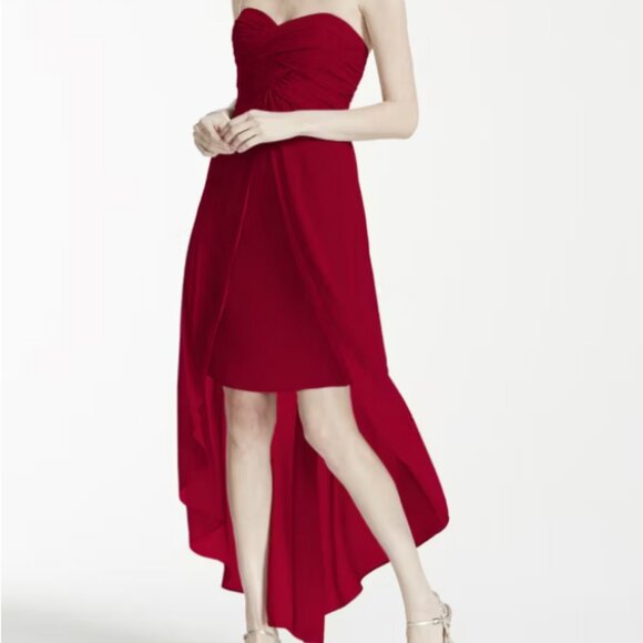 David’s Bridal Strapless High-Low Chiffon Dress – Apple Red, Size 14 - Picture 6 of 9